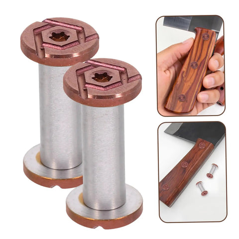 Top Shelf Stainless Steel Knife Handle Screws For Quick Blade Fabrication Featuring Straight Slot Notch Built Tough For Solid Fit On Chef Utility And Parer Knives Real Deal Supply. Close-up of two stainless screws with hex nut tops.