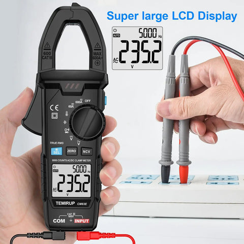 True RMS Clamp Meter For Auto Ranging 6000 Counts With 600A Capacity And Built In Flashlight Backlight Measures NCV AC DC Voltage And Current Continuity Capacitance Diode Resistance And Temperature For Car Home And Industrial Fixes, handheld