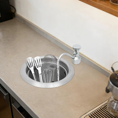 Dipper Well Faucet & Bowl Set, Coffee Shop Bar Counter Sink Faucet, with whisk and spatulas in stainless steel bowl.