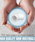 Hands holding PVC resin material with image of elbow fitting, text 'High Quality Raw Materials,' related to Three Quarter Inch PVC Pipe Fittings 135 Degree Elbows Furniture Grade For DIYers Building Shelves Garden Supports Storage Frames White Pack Of Twelve Sets.