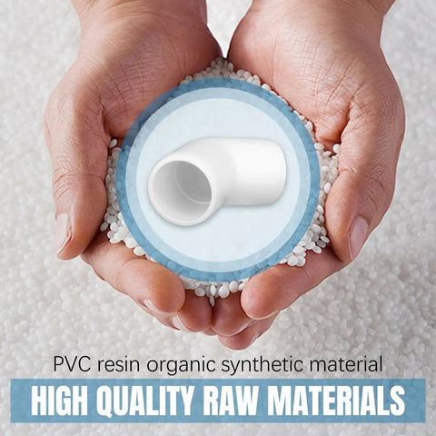 Hands holding PVC resin material with image of elbow fitting, text 'High Quality Raw Materials,' related to Three Quarter Inch PVC Pipe Fittings 135 Degree Elbows Furniture Grade For DIYers Building Shelves Garden Supports Storage Frames White Pack Of Twelve Sets.