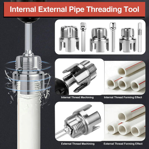 GrenTools 3 Piece Pvc Pipe Threader Kit For 1/2 Inch, 3/4 Inch, And 1 Inch Pipes showcasing internal and external threading tools.