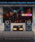 VU3 Pro Dual Analog VU Meter For Audiophiles 2 Way Amplifier Switch And Speaker Selector 2 In 2 Out Audio Switcher Box With DB Panel Display Ideal For Quick A B Testing And Comparing Two Amps And Two Speaker Pairs, black audio setup with speakers