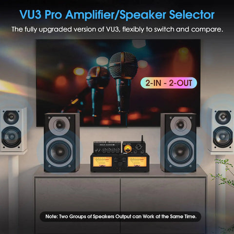 VU3 Pro Dual Analog VU Meter For Audiophiles 2 Way Amplifier Switch And Speaker Selector 2 In 2 Out Audio Switcher Box With DB Panel Display Ideal For Quick A B Testing And Comparing Two Amps And Two Speaker Pairs, black audio setup with speakers