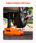 15 Ton Electric Hydraulic Car Jack Lift lifting a sedan with a remote control, showing 7.9-20.5 inch range for safe flat surface use