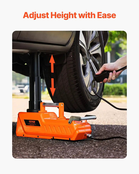 15 Ton Electric Hydraulic Car Jack Lift lifting a sedan with a remote control, showing 7.9-20.5 inch range for safe flat surface use