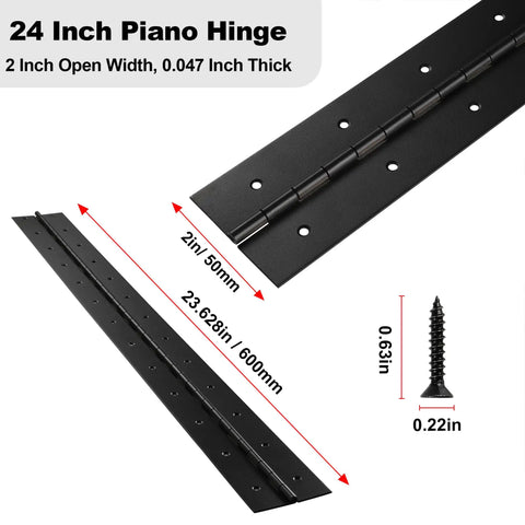 Heavy Duty Beef 24 Inch Piano Hinge Set 304 Stainless Steel Black Continuous Door Hinge For Cabinets Toolboxes And Garage Projects, showing measurements and thickness.