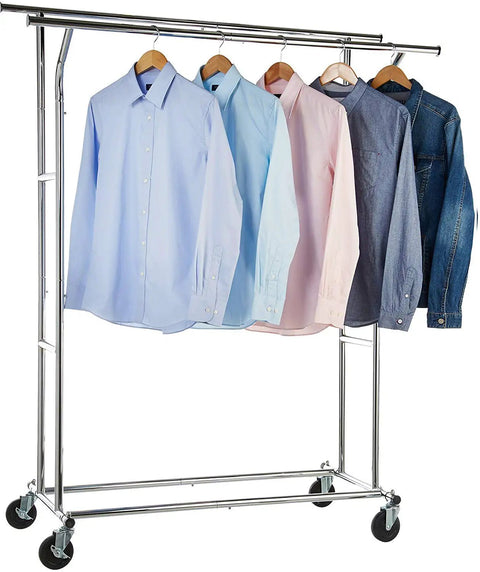 Metal clothing rack with four shirts and a denim jacket hanging, includes Four Inch Brake Stem Casters With Lock Nuts Swivel Rubber Wheels.