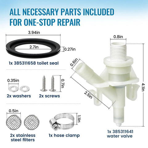 Killer Quality RV Toilet Water Valve Replacement Kit For Dometic 300 310 320 Models with parts dimensions displayed clearly.