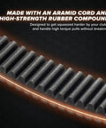 Close-up of heavy duty aramid drive belt for UTV Rzr Pro Xp with high-strength rubber compound detail.
