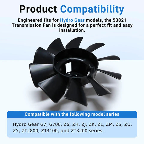Transmission Fan 7 Inch 10 Blade Pump Cooling Fan for Lawn Tractor Transaxle Fits 53821 Black 1Pc displayed with compatibility