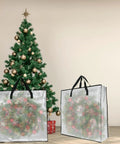 25 Gallon Clear Storage Bags With Zipper And Handles For Closet Organization And Underbed Storage Of Clothes Bedding Pillows Blankets Christmas Decor And Wreaths Grab And Go Friendly displayed near Christmas tree.