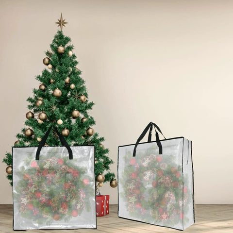 25 Gallon Clear Storage Bags With Zipper And Handles For Closet Organization And Underbed Storage Of Clothes Bedding Pillows Blankets Christmas Decor And Wreaths Grab And Go Friendly displayed near Christmas tree.