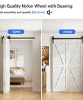 40 Inch Bi Folding Sliding Barn Door Hardware Kit For Two Doors With Smooth Quiet Operation shown installed, open and closed views