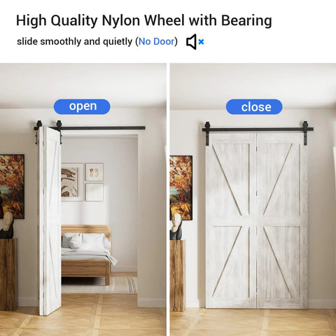 Beefed Up Bi Folding Sliding Barn Door Hardware Kit For Two Doors With 330 LB Capacity Black J Track Roller in open and closed view