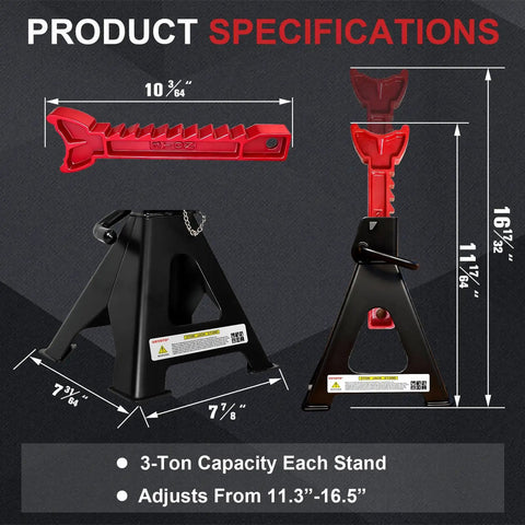 Heavy Duty 3 Ton Jack Stands With Adjustable Height From 11.22 To 16.54 Inches, 6,600 Lbs Per Stand, Double Pin Lock, Black And Red