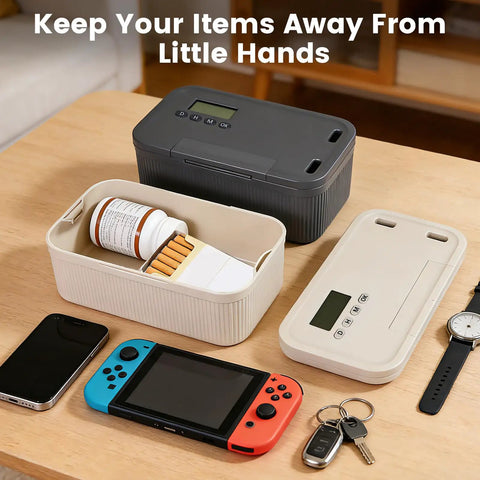 Heavy Duty Timed Lock Box That Slaps Your Phone Up for 30 Days Max Phone Jail with 2-In-1 Quick Lock and Countdown Modes on table with gadgets.