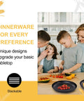 Family using Durable Wheat Straw Dinnerware Set For Four 16 Piece Unbreakable Plastic Plates And Bowls Microwave Safe Kitchen Camping Dishes