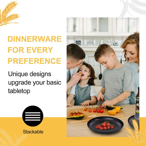 Family using Durable Wheat Straw Dinnerware Set For Four 16 Piece Unbreakable Plastic Plates And Bowls Microwave Safe Kitchen Camping Dishes