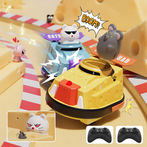 2 Pack Remote Control Cat And Mouse Ejecting Bumper Cars For Kids, toy cars in action with controllers, fun for ages 3-7