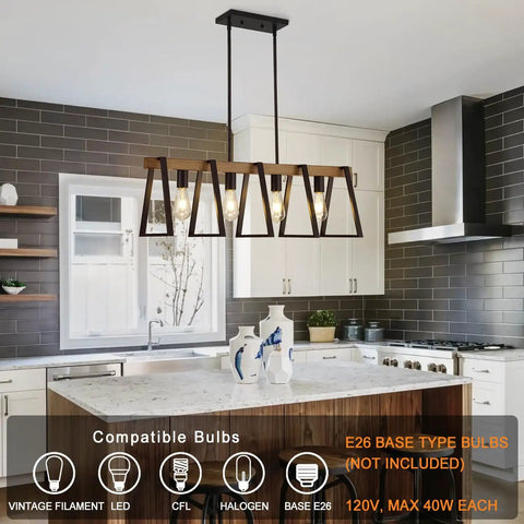 Four Light Kitchen Island Pendant Fixture, Dope Farmhouse Chandelier in Black and Warm Oak Finish over a kitchen island