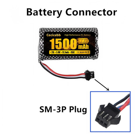 7.4V 1500mAh Li Ion Rechargeable Battery With SM3P Plug Two Pack For Huina 1575 RC Construction Truck USB Charger Cable Included