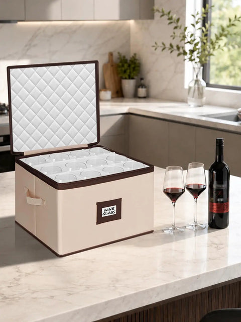 Heavy Duty Wine Glass Storage Box Two Pack With Thick Padded Dividers Secure Hardshell Case for Stemware and Champagne Flutes on kitchen counter.