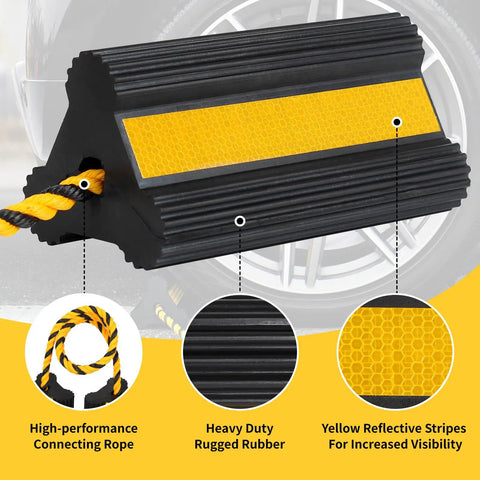 Heavy Duty Rubber Wheel Chocks With 52 Inch Rope, 2 Pair Non Slip Tire Stopper Blocks for safety near car wheel.