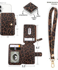 Streamlined Rfid Blocking Keychain Wallet With Genuine Leather Wrist Strap Securely Stashes Credit Cards Id And Keys In A No Sweat Slim Organizer, leopard print design, PU leather, dimensions shown.