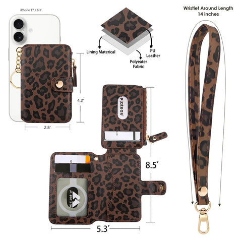 Streamlined Rfid Blocking Keychain Wallet With Genuine Leather Wrist Strap Securely Stashes Credit Cards Id And Keys In A No Sweat Slim Organizer, leopard print design, PU leather, dimensions shown.