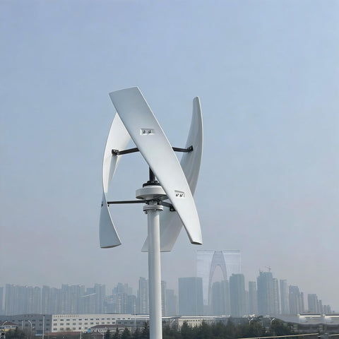 800W Vertical Axis Wind Turbine Kit With MPPT Controller For 12V 24V 48V Systems, VAWT Wind Generator, curved blades, city skyline background