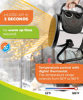 Dual Element Electric Fan Heater For Greenhouses With Independent Heating Elements And Adjustable Thermostat, 2560 5120 BTU shown with digital controls.