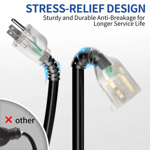 25 Foot Heavy Duty Indoor Outdoor Extension Cord With Lighted End 10 3 Gauge 15 Amps 125 VAC LED Power Indicator Oversized NEMA 5-15P To 5-15R Weather Resistant Flexible Black Cord For Tools Patio Lights And More., black cord with stress-relief plug and lighted end