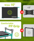 Comparison of garden kneeler seat widths and grip styles, featuring Wide 10 Inch Taller Garden Kneeler And Seat Folding Stool.