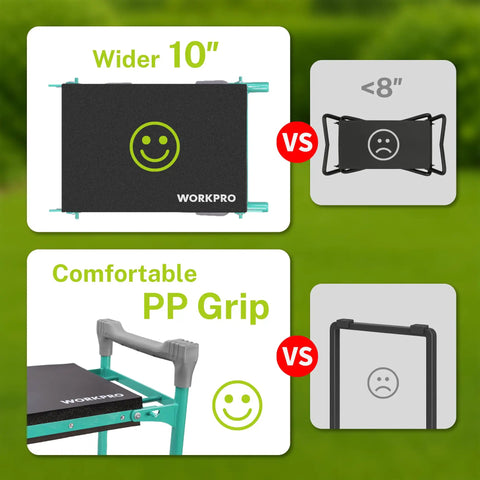 Comparison of garden kneeler seat widths and grip styles, featuring Wide 10 Inch Taller Garden Kneeler And Seat Folding Stool.