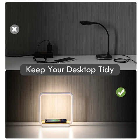Comparison of cluttered desk vs tidy desk with Bedside Lamp With Qi Wireless Charger And 3 Step Dimmable Touch Control A13 Table Lamp For Living Room And Cozy Bedroom And Kids Room Built In Wireless Charging Pad Modern Desk Light For Home Office Or Dorm