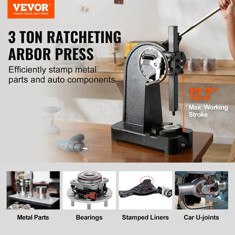Built Tough Manual Arbor Press With 3 Ton Ratchet Leverage Action And Boss Level Cast Iron Construction For Precision Stamping Bending And Killer Metal Fab Projects