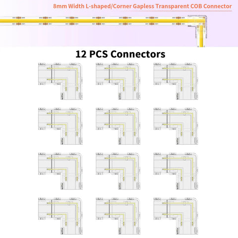 Image of 12-piece 8mm 2 Pin COB LED Connector Kit with L-shaped connectors for DIY lighting projects.