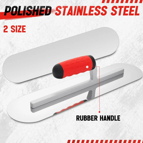 Two polished stainless steel trowels with red rubber handles, part of 4 Piece Concrete Hand Tools Set With Magnesium Hand Float 16x3-1/8, Pool Trowel 16x4, Flat Finishing Trowel 14x4, And Tool Bag For Smooth Cement And Mortar Finishes, Pro Grade, DIY Friendly.