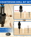 Professional 18 Piece Countersink Drill Bit Set Featuring M2 High Speed Steel Tapered Bits with adjustable stop ring for precision depth.