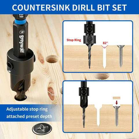 Professional 18 Piece Countersink Drill Bit Set Featuring M2 High Speed Steel Tapered Bits with adjustable stop ring for precision depth.