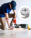 Man using a power drill to assemble furniture with Straight Up Solid Cam Connectors And Lock Nuts For Cabinets Drawers And Wardrobes 12 Piece Zinc Alloy Furniture Hardware Kit No Sweat Assembly.