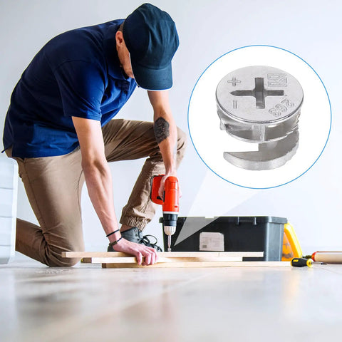 Man using a power drill to assemble furniture with Straight Up Solid Cam Connectors And Lock Nuts For Cabinets Drawers And Wardrobes 12 Piece Zinc Alloy Furniture Hardware Kit No Sweat Assembly.