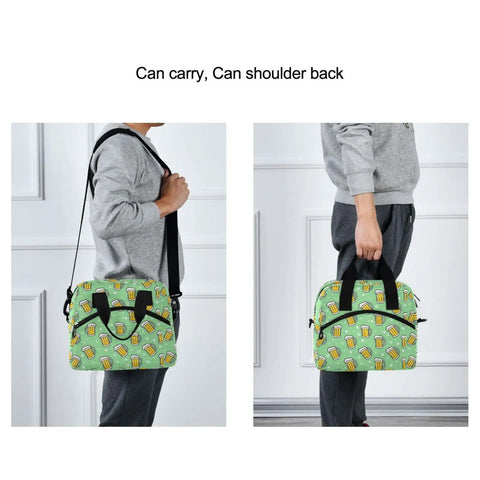 Two views of Leakproof 10L Insulated Cooler Lunch Bag That Keeps Drinks Cold All Day, worn crossbody and carried by handles, green with beer print