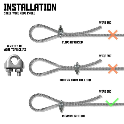 Installation diagram of Heavy Duty Sun Shade Sail Hardware Kit With 111 Feet Galvanized Wire Rope And Eight Clamps, showing correct and incorrect methods