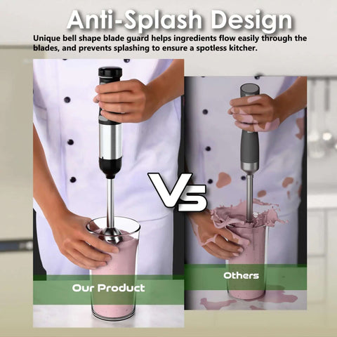 5-In-1 Cordless Immersion Blender With Rechargeable Battery Slick Handheld Mixing Wand For Soups And Smoothies Zero Cords Attached Wireless Tool demonstrated with anti-splash design.