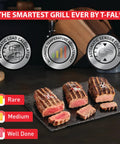 T-Fal OptiGrill Indoor Panini Press With Smart Sensor Tech showing cooked steak slices with cooking level icons.