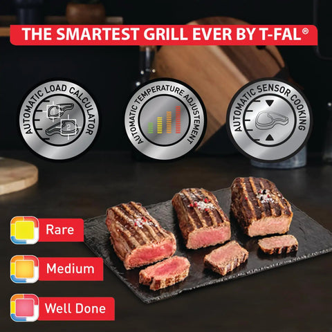 T-Fal OptiGrill Indoor Panini Press With Smart Sensor Tech showing cooked steak slices with cooking level icons.