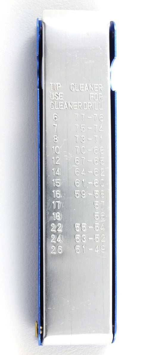 Stainless steel plate with size guide for Welding Torch Tip Cleaner And Carburetor Cleaning Tool in aluminum case.