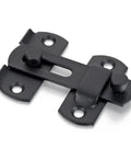 Close-up of a matte black stainless steel barn door latch measuring 2.75 by 2.02 inches, heavy duty for rustic home decor.